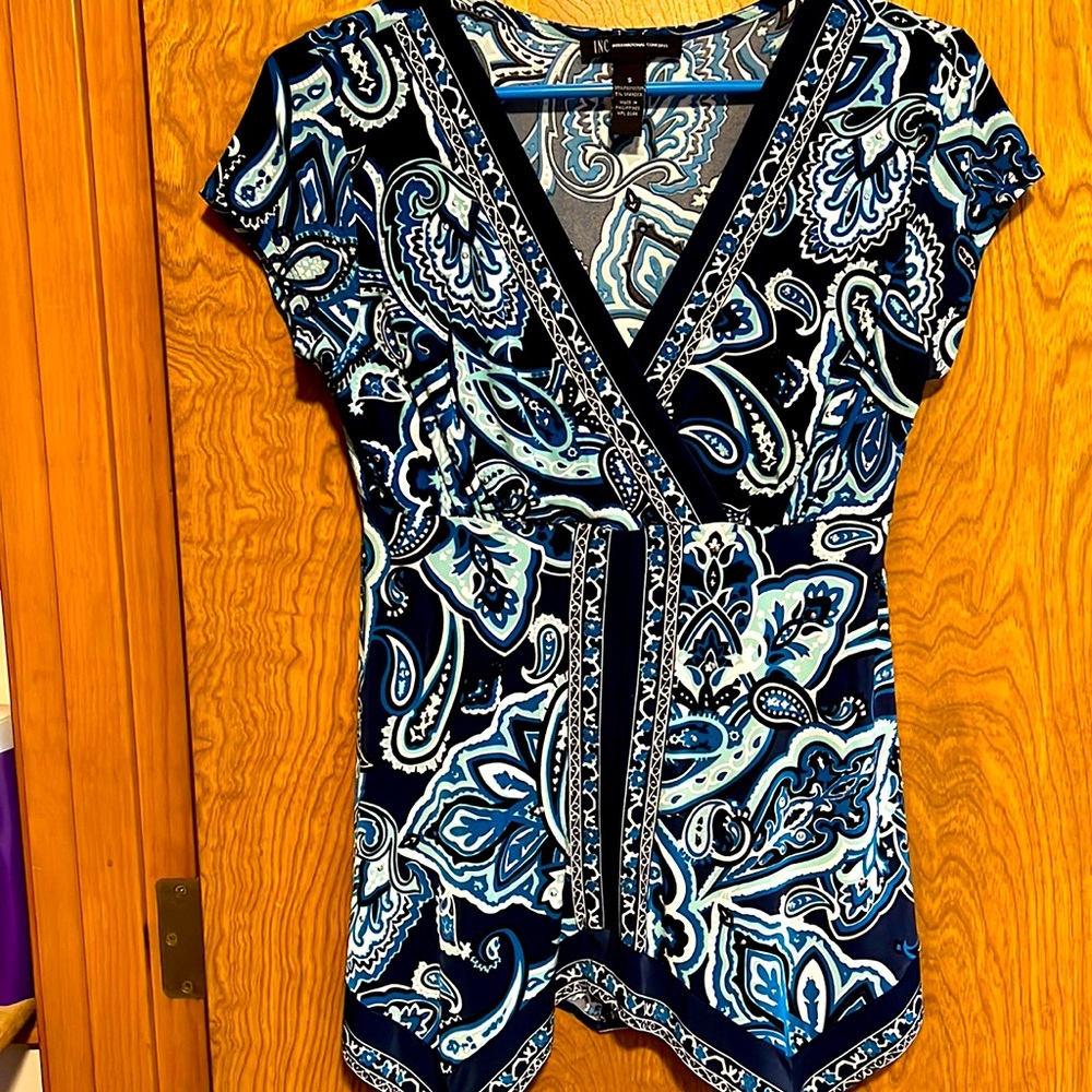 Women’s top. Navy white and Teal dotted with shinny silver studs.